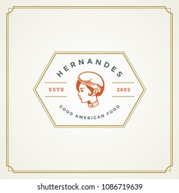 Restaurant logo design vector illustration. Chef woman face in hat silhouette, good for restaurant menu and cafe badge. Vintage typography emblem template.