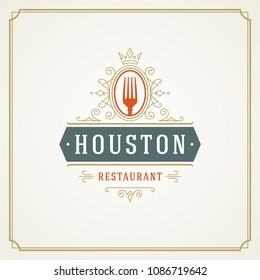 Restaurant logo design vector illustration. Fork silhouette, good for restaurant menu and cafe badge. Vintage typography emblem template.