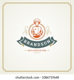 Restaurant logo design vector illustration. Chef man silhouette, good for restaurant menu and cafe badge. Vintage typography emblem template.