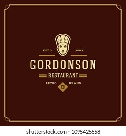 Restaurant logo design vector illustration. Chef man face in hat silhouette, good for restaurant menu and cafe badge. Vintage typography emblem template.