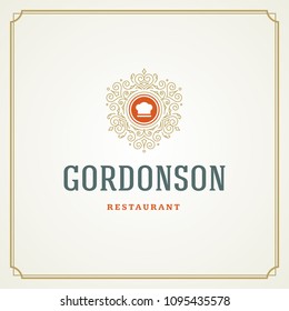 Restaurant logo design vector illustration. Chef hat silhouette, good for restaurant menu and cafe badge. Vintage typography emblem template.