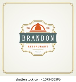 Restaurant logo design vector illustration. Tray silhouette, good for restaurant menu and cafe badge. Vintage typography emblem template.