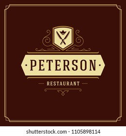 Restaurant logo design vector illustration. Knifes silhouettes, good for restaurant menu and cafe badge. Vintage typography emblem template.