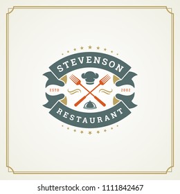 Restaurant logo design vector illustration. Fork silhouette, good for restaurant menu and cafe badge. Vintage typography emblem template.