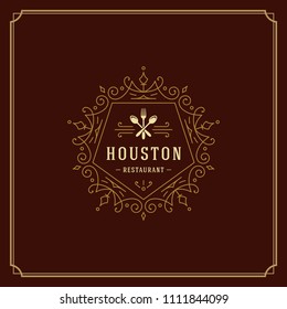 Restaurant logo design vector illustration. Kitchen tools silhouettes, good for restaurant menu and cafe badge. Vintage typography emblem template.