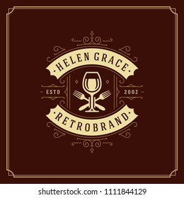 Restaurant logo design vector illustration. Wine glass stemware silhouette, good for restaurant menu and cafe badge. Vintage typography emblem template.