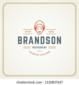 Restaurant logo design vector illustration. Chef man face in hat silhouette, good for restaurant menu and cafe badge. Vintage typography emblem template.