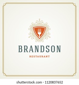 Restaurant logo design vector illustration. Fork silhouette, good for restaurant menu and cafe badge. Vintage typography emblem template.