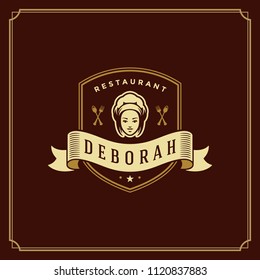 Restaurant logo design vector illustration. Chef woman face in hat silhouette, good for restaurant menu and cafe badge. Vintage typography emblem template.