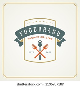 Restaurant logo design vector illustration. Kitchen tools silhouettes, good for restaurant menu and cafe badge. Vintage typography emblem template.