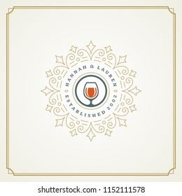 Restaurant logo design vector illustration. Wine glass stemware silhouette, good for restaurant menu and cafe badge. Vintage typography emblem template.
