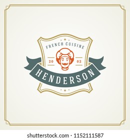 Restaurant logo design vector illustration. Chef man face in hat silhouette, good for restaurant menu and cafe badge. Vintage typography emblem template.