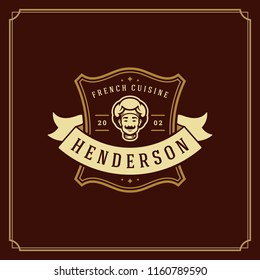 Restaurant logo design vector illustration. Chef man face in hat silhouette, good for restaurant menu and cafe badge. Vintage typography emblem template.