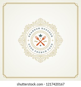 Restaurant logo design vector illustration. Fork silhouette, good for restaurant menu and cafe badge. Vintage typography emblem template.