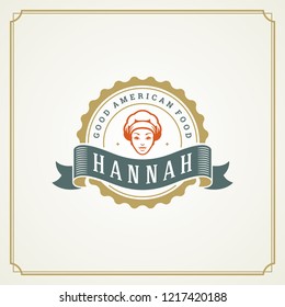 Restaurant logo design vector illustration. Chef woman face in hat silhouette, good for restaurant menu and cafe badge. Vintage typography emblem template.