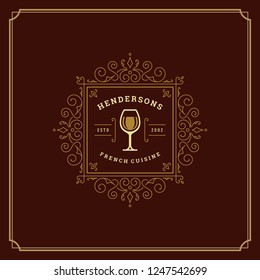Restaurant logo design vector illustration. Wine glass stemware silhouette, good for restaurant menu and cafe badge. Vintage typography emblem template.