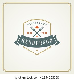 Restaurant logo design vector illustration. Fork silhouette, good for restaurant menu and cafe badge. Vintage typography emblem template.