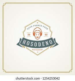 Restaurant logo design vector illustration. Chef man face in hat silhouette, good for restaurant menu and cafe badge. Vintage typography emblem template.