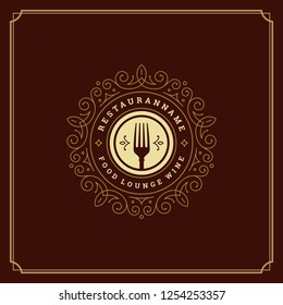 Restaurant logo design vector illustration. Fork silhouette, good for restaurant menu and cafe badge. Vintage typography emblem template.