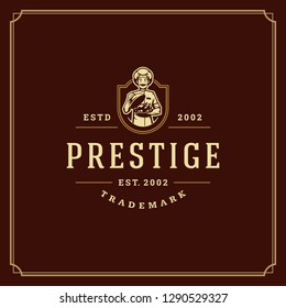 Restaurant logo design vector illustration. Chef man holding dish silhouette, good for restaurant menu and cafe badge. Vintage typography emblem template.