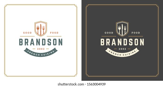 Restaurant logo design vector illustration kitchen tools silhouettes, good for restaurant menu and cafe badge. Vintage typography emblem template with decoration and symbols.