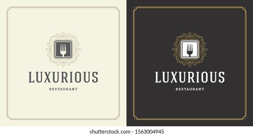 Restaurant logo design vector illustration fork silhouette, good for restaurant menu and cafe badge. Vintage typography emblem template with decoration and symbols.
