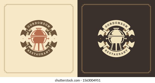 Restaurant logo design vector illustration grill silhouette, good for restaurant menu and cafe badge. Vintage typography emblem template with decoration and symbols.