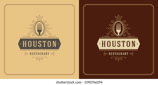 Restaurant logo design vector illustration forks silhouette good for restaurant menu and cafe badge. Vintage typography emblem template with decoration and symbols.