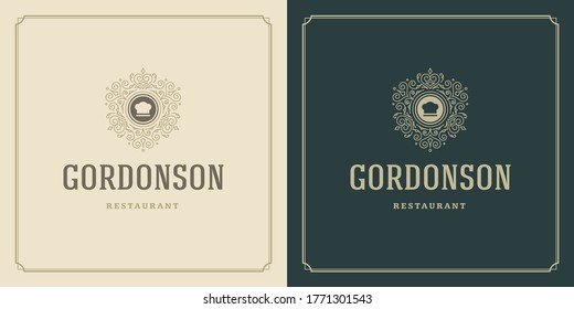 Das Restaurant Logo Design Vektorgrafik-Koch hat Silhouette gut für Speisekarte und Café-Abzeichen. Vintage-Typografie-Emblem-Vorlage mit Dekoration und Symbolen.
