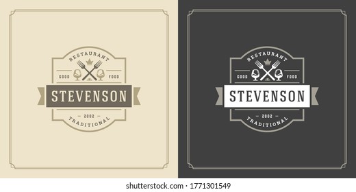 Restaurant logo design vector illustration wine stemware silhouettes good for restaurant menu and cafe badge. Vintage typography emblem template with decoration and symbols.
