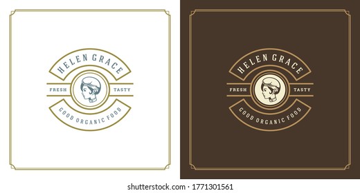 Diseño del logo del restaurante, ilustración vectorial de la mujer cara en esa silueta buena para el menú del restaurante y la placa de la cafetería. Plantilla de emblema de tipografía de época con decoración y símbolos.