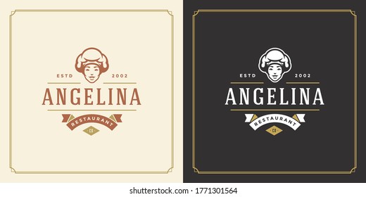 Restaurant logo design vector illustration chef woman face in hat silhouette good for restaurant menu and cafe badge. Vintage typography emblem template with decoration and symbols.