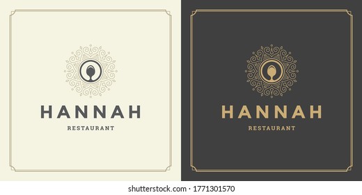 Restaurant logo design vector illustration spoon silhouette good for restaurant menu and cafe badge. Vintage typography emblem template with decoration and symbols.