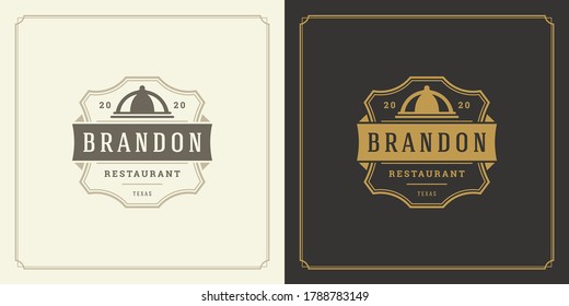 Das Restaurant Logo Design Vektorgrafik-Tablett Silhouette gut für Speisekarte und Café-Abzeichen. Vintage-Typografie-Emblem-Vorlage mit Dekoration und Symbolen.