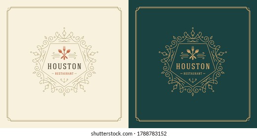 Restaurant logo design vector illustration kitchen tools silhouettes, good for restaurant menu and cafe badge. Vintage typography emblem template with decoration and symbols.