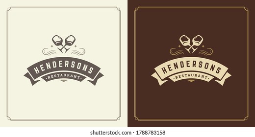 Restaurant logo design vector illustration wine stemware silhouettes, good for restaurant menu and cafe badge. Vintage typography emblem template with decoration and symbols.