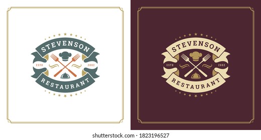 Diseño del logo del restaurante ilustración vectorial forja siluetas, buena para el menú del restaurante y placa de café. Plantilla de emblema de tipografía de época con decoración y símbolos.