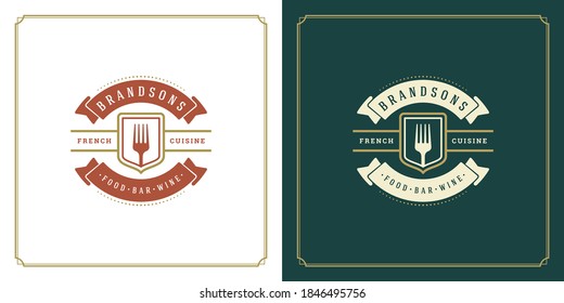 Restaurant logo design vector illustration fork silhouette, good for restaurant menu and cafe badge. Vintage typography emblem template with decoration and symbols.