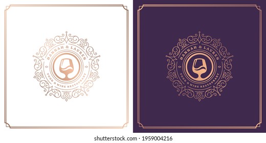 Restaurant logo design vector illustration wine glass stemware silhouette, good for restaurant menu and cafe badge. Vintage typography ornament emblem with decoration and symbols.