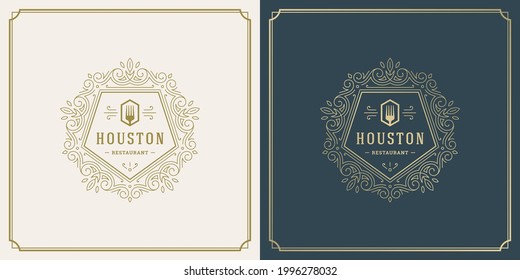 Diseño del logo del restaurante, ilustración vectorial de la silueta de horquilla, buena para el menú del restaurante y placa de la cafetería. Típografía vintage adorna emblema con decoración y símbolos.