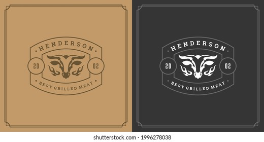 Restaurant logo design vector illustration bull head silhouette, good for restaurant menu and cafe badge. Vintage typography emblem with decoration and symbols.