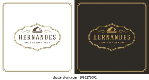 Restaurant logo design vector illustration dish tray silhouette good for restaurant menu and cafe badge. Vintage typography emblem with decoration and symbols.