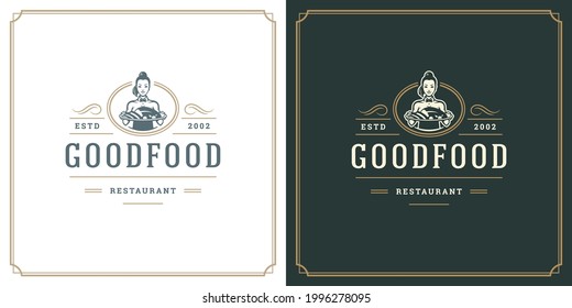 Restaurant logo design vector illustration waitress holding dish plate silhouette, good for restaurant menu and cafe badge. Vintage typography emblem with decoration and symbols.