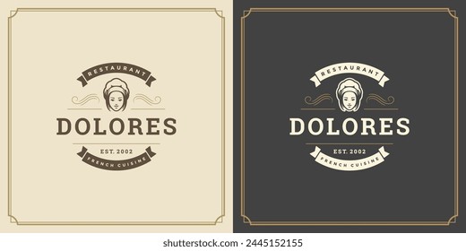 Cara de la mujer del chef de la Ilustración vectorial del diseño del logotipo del restaurante en la silueta del sombrero, buena para el menú del restaurante y la insignia del café. Emblema tipográfico de Antiguas con decoración y símbolos.