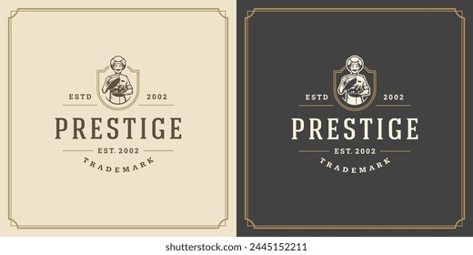 Restaurant logo design vector illustration chef man holding dish silhouette, good for restaurant menu and cafe badge. Vintage typography emblem with decoration and symbols.