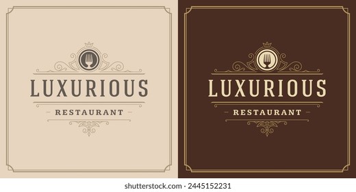 Restaurant logo design vector illustration fork silhouette, good for restaurant menu and cafe badge. Vintage typography ornament emblem with decoration and symbols.