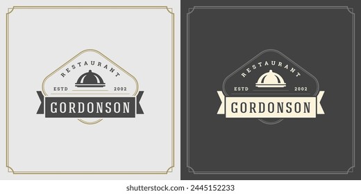 Diseño de logotipo de restaurante Ilustración vectorial bandeja de platos silueta buena para el menú del restaurante y la insignia del café. Emblema tipográfico de Antiguas con decoración y símbolos.