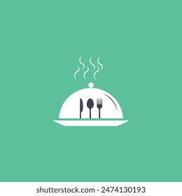 Restaurant logo design vector illustration. Spoon, Knife and Fork Icon. Food platter serving sign icon logo tableware Vector Image.