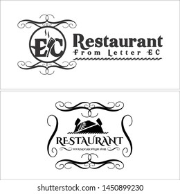 Restaurant logo design vector line ornament with silhouette knife and serving lid suitable for food drink restaurant kitchen cooking gourmet