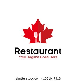 Restaurant logo design vector template illustration with red Canada maple leaf and fork and knife on negative space concept